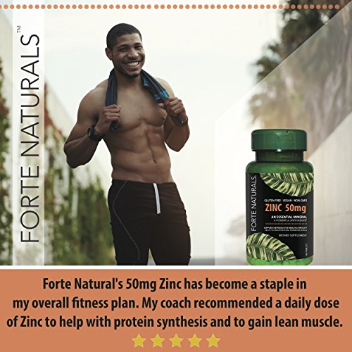 100 Zinc Supplements Specially Formulated for Sensitive Stomachs , Vitamins for Adults Daily Supplement by FORTE NATURALS Vegan 50mg, Non GMO, Easy to Swallow Zink Vitaminas