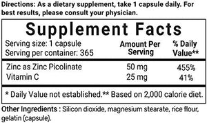 Zinc Picolinate Supplements with Vitamin C, 50mg Elemental Zinc Per Capsule, 365 Counts, Support Immune System Function, Premium Zinc Picolinate for Men and Women