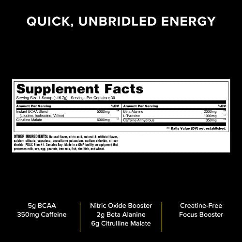 Animal Fury - Pre Workout Powder Supplement for Energy and Focus - 5g BCAA, 350mg Caffeine, Nitric Oxide, Without Creatine - Powerful Stimulant for Bodybuilders - Blue Raspberry - 30 Servings