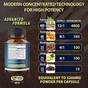 Ashwagandha Extract Capsule - Great Strength 5200mg of Powder. Blended Ginger Root, Turmeric Curcumin, Rhodiola Rosea Root and Black Pepper - 90 Capsules - 3 Month Supply