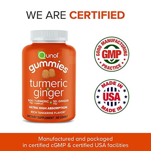 Qunol Turmeric Gummies with Ginger, Ultra High Absorption, 500 mg Turmeric Curcumin, 50mg Ginger Root, Tangerine Flavored Gummy Supplement, Helps Support an Active Lifestyle, 60 count/30 Day Supply