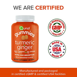 Qunol Turmeric Gummies with Ginger, Ultra High Absorption, 500 mg Turmeric Curcumin, 50mg Ginger Root, Tangerine Flavored Gummy Supplement, Helps Support an Active Lifestyle, 60 count/30 Day Supply