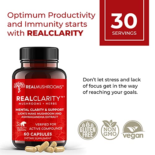 Real Mushrooms RealClarity Brain Supplement Mushroom Powder Capsules - Mushroom Supplement for Mental Clarity, Focus, Cognition, Daily Immune Support - Organic Lions Mane Capsules w Ashwagandha, 60ct