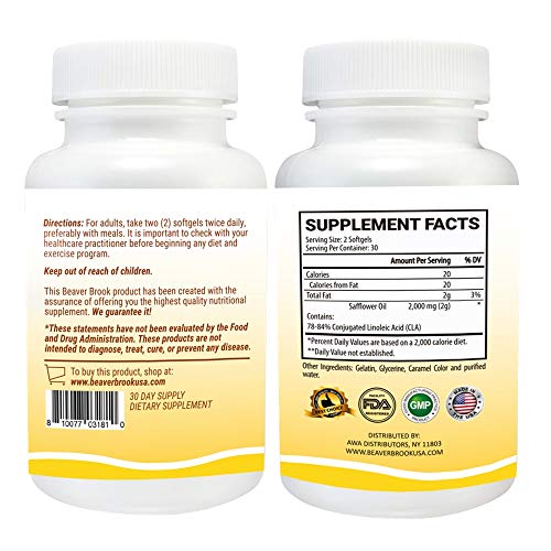 Beaver Brook CLA, 2,000mg Safflower Oil, Non-Stimulating, Non-GMO, Gluten-Free, All Natural, Gluten Free - 60 Capsules