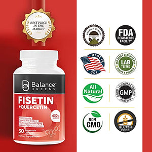 Balance Breens Fisetin + Quercetin 650mg - Supports Cognitive Function, Vitamin Supplement for Graceful Aging - Immune Support Powerful Antioxidant - 30 Non-GMO Vegan Capsules