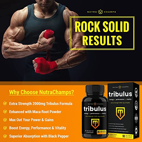 Tribulus Terrestris 2000mg Supplement | Extra Strength Saponins + Enhanced Absorption with Maca Powder & Black Pepper Extract | Tribulus Terrestris for Men & Women | 90 Vegan Capsules