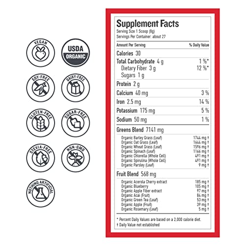 Botanica Organic Berry Greens Superfood Powder with Spirulina, Chlorella, Barley, Wheat Grass & Berry Blend (27 Servings), No Dairy, Gluten, Soy, Stevia or Added Sugar, Premium Whole Food Ingredients