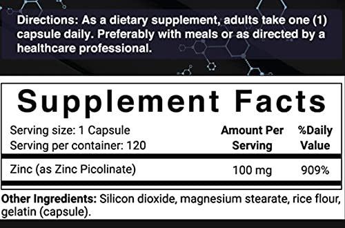 2 Pack Maximum Strength Zinc 100mg, Zinc Picolinate Supplement, 120 Capsules, Zinc Vitamin and Immune Vitamins for Enzyme Function and Immune Support, Non-GMO and Made in USA