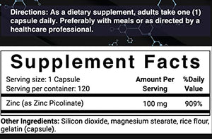 2 Pack Maximum Strength Zinc 100mg, Zinc Picolinate Supplement, 120 Capsules, Zinc Vitamin and Immune Vitamins for Enzyme Function and Immune Support, Non-GMO and Made in USA