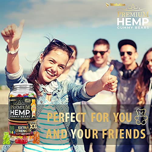 Wellution Hemp Gummies Extra Strength XXL High Potency Vegan - Fruity Gummy Bear with Hemp Oil. Natural Hemp Candy Supplements for Stress & Inflammation. Promotes Sleep & Calm Mood.