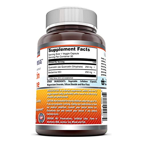 Amazing Formulas Quercetin Berberine - 250mg Berberine and 250mg Quercetin (Non-GMO,Gluten Free) -Potent Anti-oxidant Properties -Supports Heart Health, Energy Production, Immune Function (90 Count)