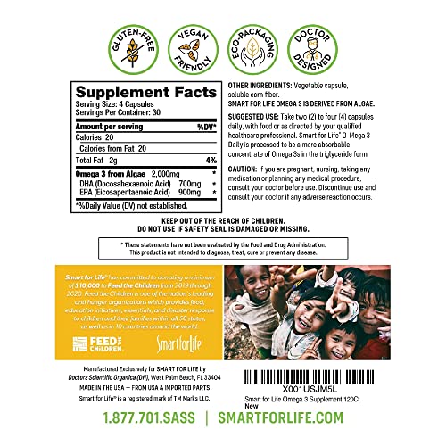 SMART FOR LIFE Algae Vegan Omega 3 Supplement - 120 Capsules - Plant Based Vegan Fish Oil Supplement Alternative - Algae Omega 3 Vegan EPA DHA Supplements - Friendly Packaging - Made in USA