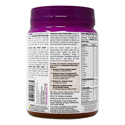 Bluebonnet Nutrition Whey Protein Isolate Powder, Whey From Grass Fed Cows, 26g of Protein, No Sugar Added, Non GMO, Gluten Free, Soy free, kosher Dairy, 1 Lb, 14 Servings, Chocolate Flavor