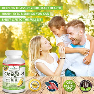 Best Triple Strength Omega 3 Fish Oil Pills - 180 Capsules - 2400mg High Potency Burpless Lemon Flavor 864mg EPA 576mg DHA Ultra Pure Liquid Softgels for Brain Joints Eyes Heart Health Supplement