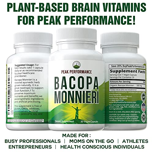 Bacopa Monnieri Vegan Capsules - Made with Organic Bacopa Leaf. Ayurvedic Herb Nootropic Supplement for Brain, Memory, Mental Sharpness, Focus Without Crashes. Natural Plant Extract Pills, Tablets