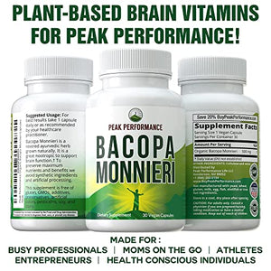 Bacopa Monnieri Vegan Capsules - Made with Organic Bacopa Leaf. Ayurvedic Herb Nootropic Supplement for Brain, Memory, Mental Sharpness, Focus Without Crashes. Natural Plant Extract Pills, Tablets