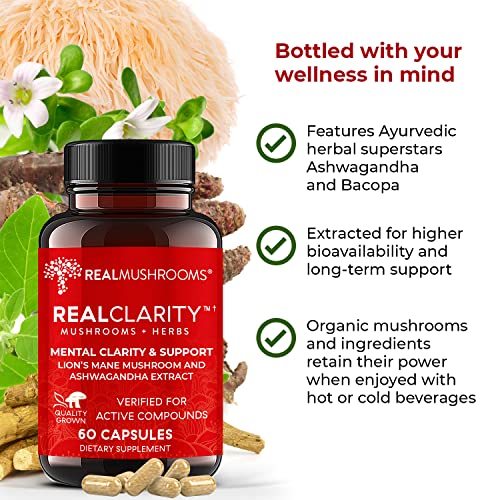 Real Mushrooms RealClarity Brain Supplement Mushroom Powder Capsules - Mushroom Supplement for Mental Clarity, Focus, Cognition, Daily Immune Support - Organic Lions Mane Capsules w Ashwagandha, 60ct