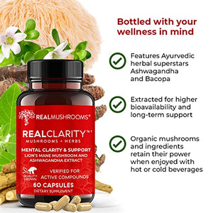 Real Mushrooms RealClarity Brain Supplement Mushroom Powder Capsules - Mushroom Supplement for Mental Clarity, Focus, Cognition, Daily Immune Support - Organic Lions Mane Capsules w Ashwagandha, 60ct