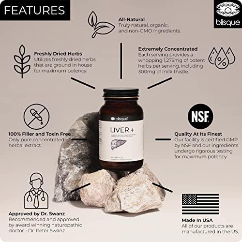 Blisque Liver Plus - Natural Liver Health Formula Supplement for Liver Cleanse, Detox, Repair, Aid and Support | with Milk Thistle, Dandelion and Burdock Root | 90 Capsules