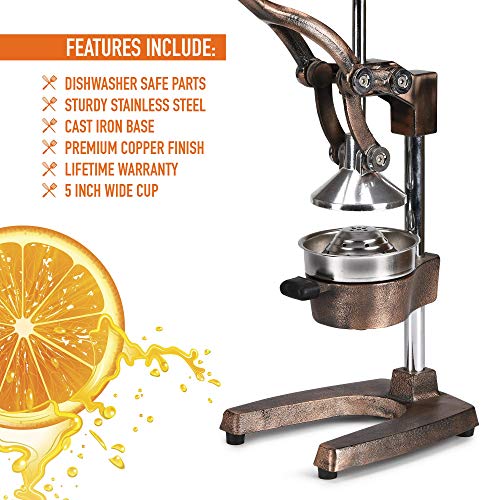 Zulay Professional Citrus Juicer - Manual Citrus Press and Orange Squeezer - Metal Lemon Squeezer - Premium Quality Heavy Duty Manual Orange Juicer and Lime Squeezer Press Stand, Copper Finish