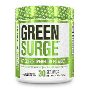Green Surge Green Superfood Powder Supplement - Keto Friendly Greens Drink w/Spirulina, Wheat & Barley Grass - Green Tea Extract, Probiotics and Digestive Enzymes - Unflavored - 30sv