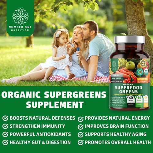 N1N Premium Organic Superfood Greens, Fruits and Veggies [28 Powerful Ingredients] All Natural Superfood Supplement with Alfalfa, Beet Root and Ginger to Boost Energy, Immunity and Gut Health, 60 Ct