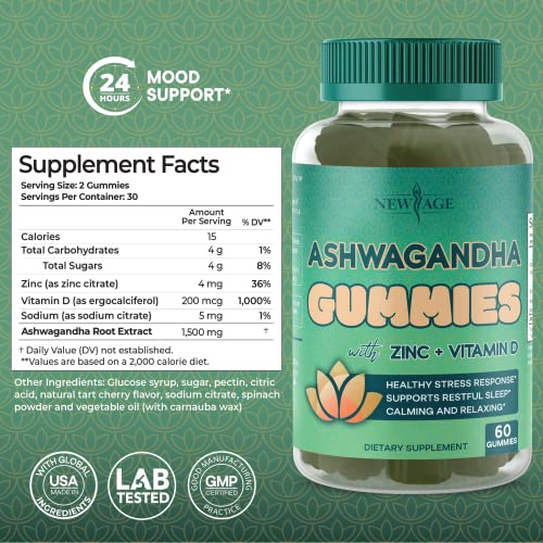 Ashwagandha Gummies by NEW AGE – with Vitamin D & Zinc - Supports Healthy Stress Response - Vegetarian – Vegan – Non-GMO – Gluten-Free – Dairy-Free – Gelatin-Free -120 Count - 2-Pack