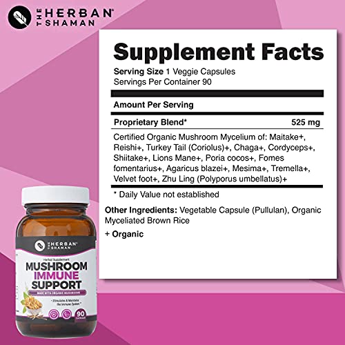 The Herban Shaman Mushroom Supplement Immune Support | Organic Mushroom Herbal Supplement | Polysaccharides, Maitake, Reishi, PSK, Chaga, Cordyceps, Lions Mane + More (90 Capsules)