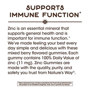 Natures Way Zinc Gummies, Supports Immune Function*, 11 mg per Gummy, Mixed Berry Flavored, 120 Gummies