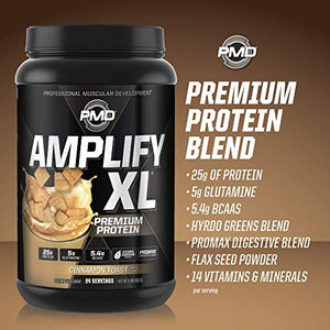 PMD Sports Amplify XL Premium Whey Protein Supplement Hydro Greens Blend - Glutamine and Whey Protein Matrix with Superfood for Muscle, Strength and Recovery - Cinnamon Toast (24 Servings)