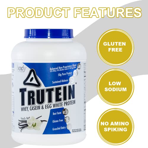 Body Nutrition Protein Powder - Trutein Vanilla Bean 4lb Whey, Casein & Egg White - Natural Low Carb Keto Friendly Drink - Zero Sugar - Lean Muscle Builder, Weight Loss, Workout, Recovery