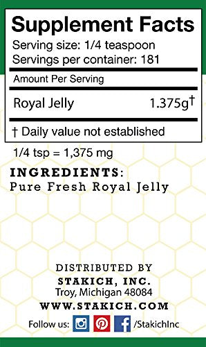 Stakich Fresh Royal Jelly - Pure, All Natural - No Additives/Flavors/Preservatives Added - 8 Ounce (227 Gram)
