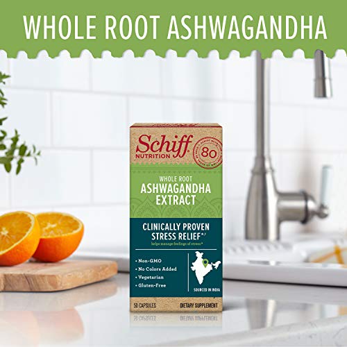 Schiff Ashwagandha Extract Capsules, (50 count in a bottle), Vegetarian, Non-GMO, Gluten-Free, No Colors Added, Helps Manage Feelings of Everyday Stress and Support Healthy Stress Hormone Levels*,ǂ