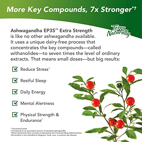 Terry Naturally Ashwagandha EP35, 60 Capsules - 125 mg Ashwagandha - Powerful Adaptogen - Reduce Stress, Promote Sleep, Support Energy & Endurance - Non-GMO, Vegan - 60 Servings