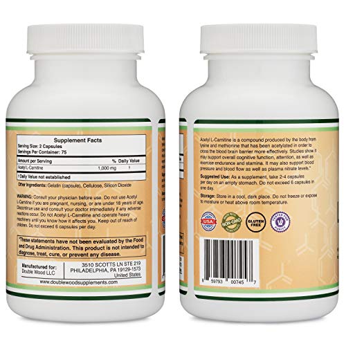 Acetyl L Carnitine (150 Capsules, 75 Day Supply) 1,000mg ALCAR for Brain Function Support, Memory, Attention, and Stamina - Made and Tested in The USA by Double Wood Supplements