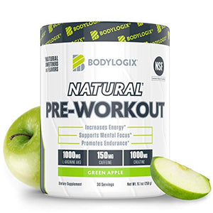 Bodylogix Natural Pre-Workout Powder, NSF Certified, Green Apple, 30 Servings