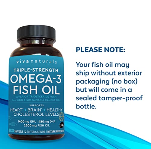 Viva Naturals Triple-Strength Omega 3 Fish Oil with EPA and DHA Supplements 2,200mg, 180 Softgels (3 Month Supply)
