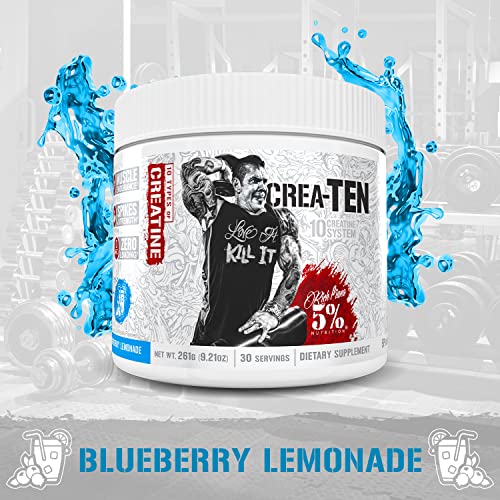 Rich Piana 5% Nutrition CreaTEN 10-in-1 Formula | Flavored Creatine Powder for Muscle Gain | Enhance Power, Strength, Endurance, & Recovery | 9.21 oz, 30 Srvngs (Blueberry Lemonade)