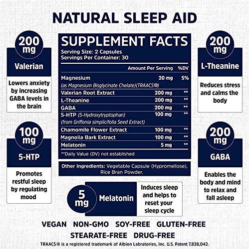 Sleep Fairy Natural Sleep Aid | Non-Habit Forming | Herbal Sleeping Pills for Adults w/Valerian Root, Chamomile, GABA, Melatonin | Insomnia Supplement | Promotes Healthy Sleep Cycle | 60 Vegan Caps