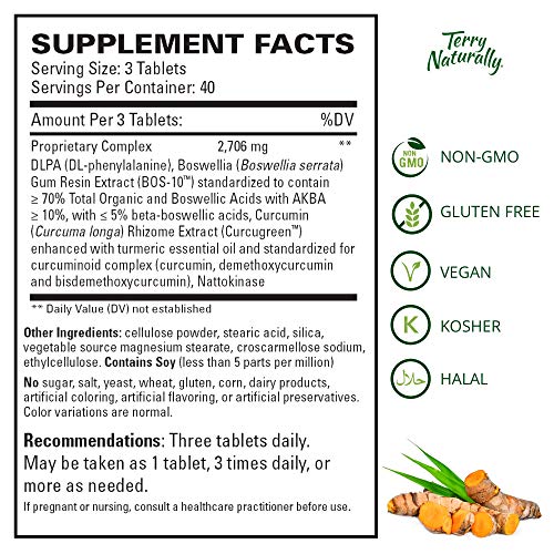 Terry Naturally Curamin Extra Strength - 120 Vegan Tablets - Non-Addictive Pain Relief Supplement with Curcumin from Turmeric, Boswellia & DLPA - Non-GMO, Gluten-Free - 40 Servings