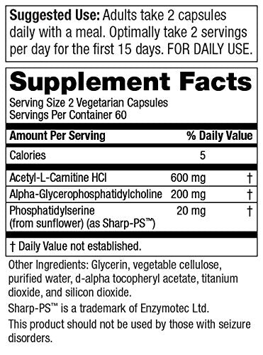 Brain Vitality-GPC Super Formula by Purity Products - Acetyl L-Carnitine HCI + Alpha GPC + Phosphatidlyserine - Supports Normal Concentration and Mental Clarity - 120 Caps