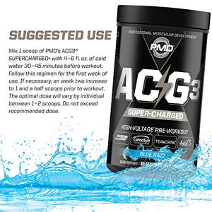 PMD Sports ACG3 Supercharged - Pre Workout - Powerful Strength, High Energy, Maximize Mental Focus, Endurance and Optimum Workout Performance for Men and Women - Blue Razz (60 Servings)