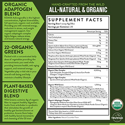 TRUWILD Wild Greens Certified Organic Green Superfood Adaptogen Powder - 22+ Amazing Organic Foods - Reishi, Ashwagandha, Maca, Moringa, Wheatgrass, Bitter Melon - Immune Support & Natural Flavor