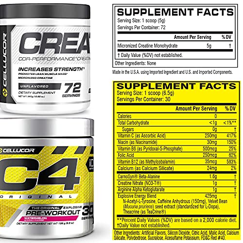 Cellucor Pre Workout & Creatine Bundle, C4 Original Pre Workout Powder, Watermelon, 30 Servings + Cor Performance Creatine Powder, 72 Servings