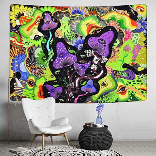 Mushroom Tapestry Psychedelic Eyes Tapestries Trippy Tapestry Colorful Flowers Tapestry Wall Hanging for Room(Purple and Green, 51.2 x 59.1 inches)