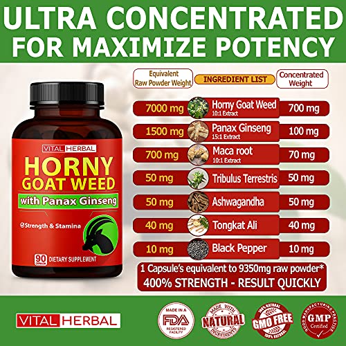 7 in 1 Ultra Horny Goat Weed with Panax Ginseng Capsules 9350 mg - Maximum Strength with Ashwagandha Tribulus Maca Root Enhance Energy Stamina for Men Women 1 Bottle - 3 Month Supply