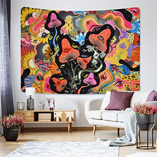 Mushroom Tapestry Psychedelic Eyes Tapestries Trippy Tapestry Colorful Flowers Tapestry Wall Hanging for Room(51.2 x 59.1 inches)