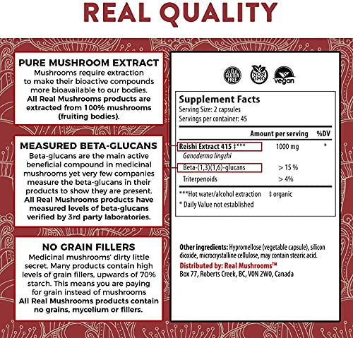 Real Mushrooms Reishi Mushroom Capsules for Longevity (90ct) Vegan, Non-GMO Reishi Extract, Reishi Mushroom Supplement for Relaxation, Better Sleep, Overall Wellness, Also Safe for Pets