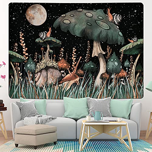 Trippy Mushroom Tapestry Moon and Stars Tapestry Snail Tapestry Fantasy Plants and Leaves Tapestry Wall Hanging for Room(51.2 x 59.1 inches)