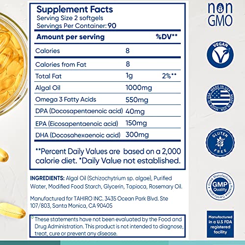 Tahiro Vegan Omega-3 Softgels. Serving Size 1000mg Includes DPA , DHA & EPA Plant Based Supplement. Nutrients for Men, Women, Kids, and Pregnant Women.